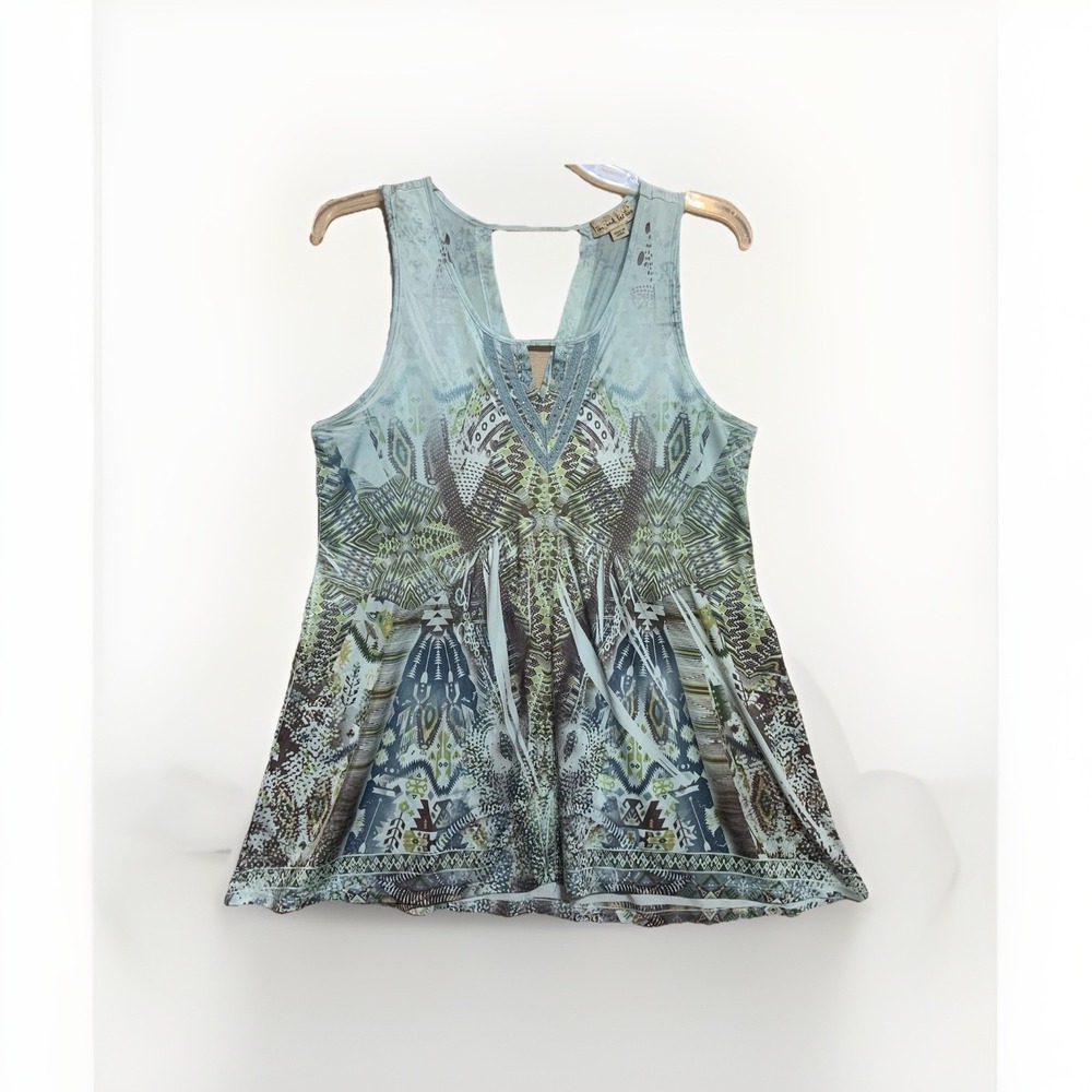 Live and Let Live Women's Large Boho Tunic Top Blue Keyhole Neck Sleeveless Y2K - Picture 2 of 7
